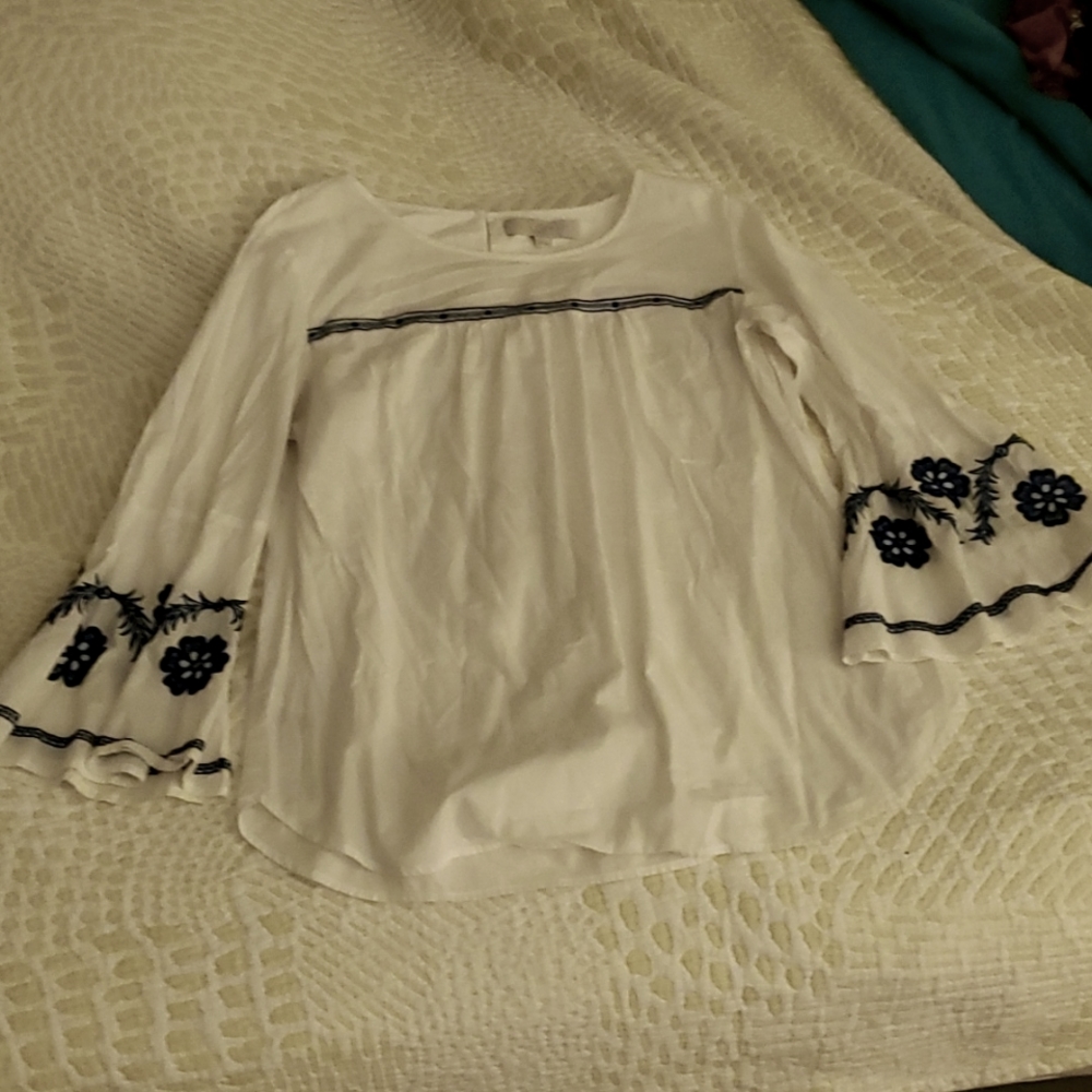 Loft cotton bell sleeve embroidered blouse